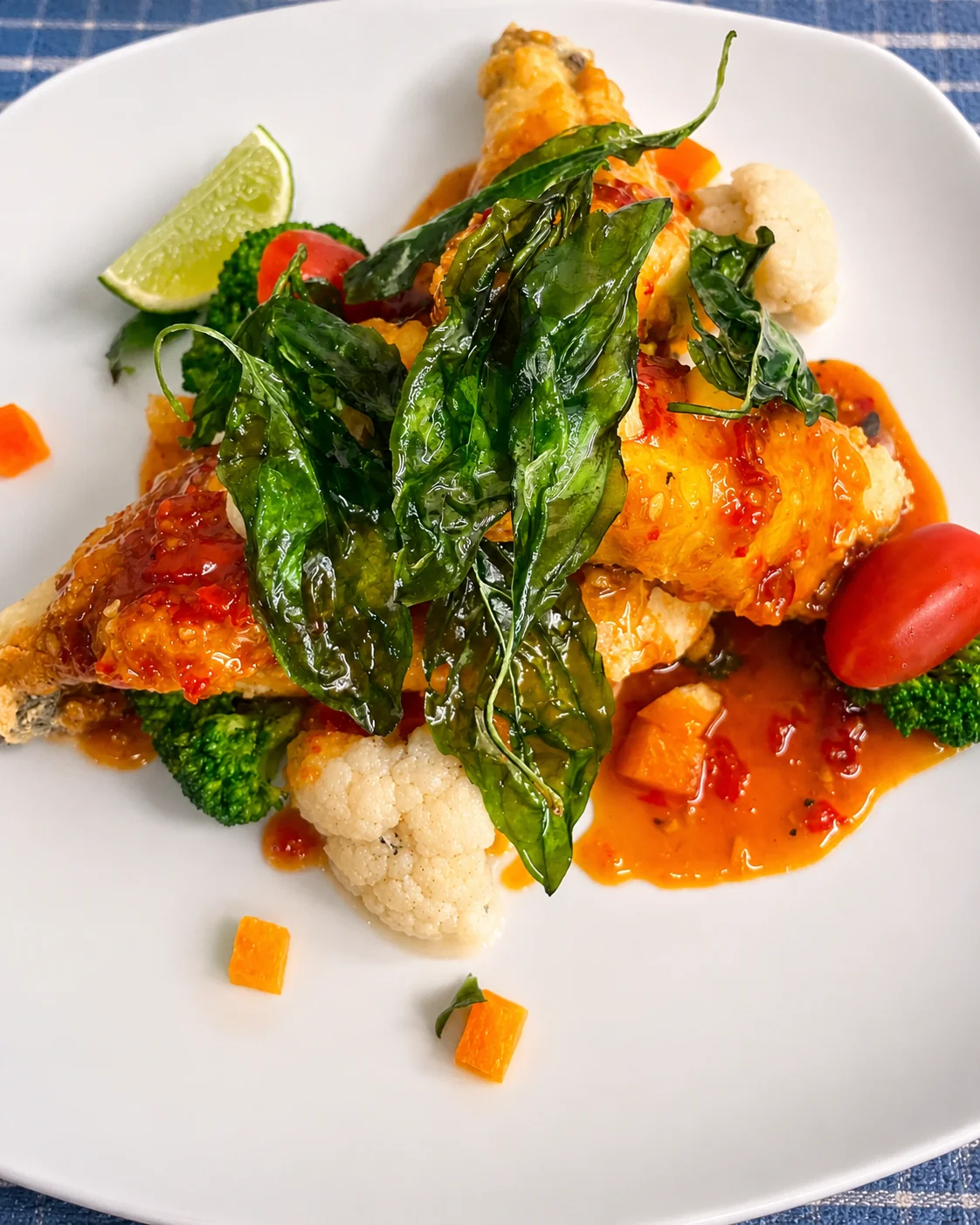Crispy basil fish with chili sauce and steamed vegetables