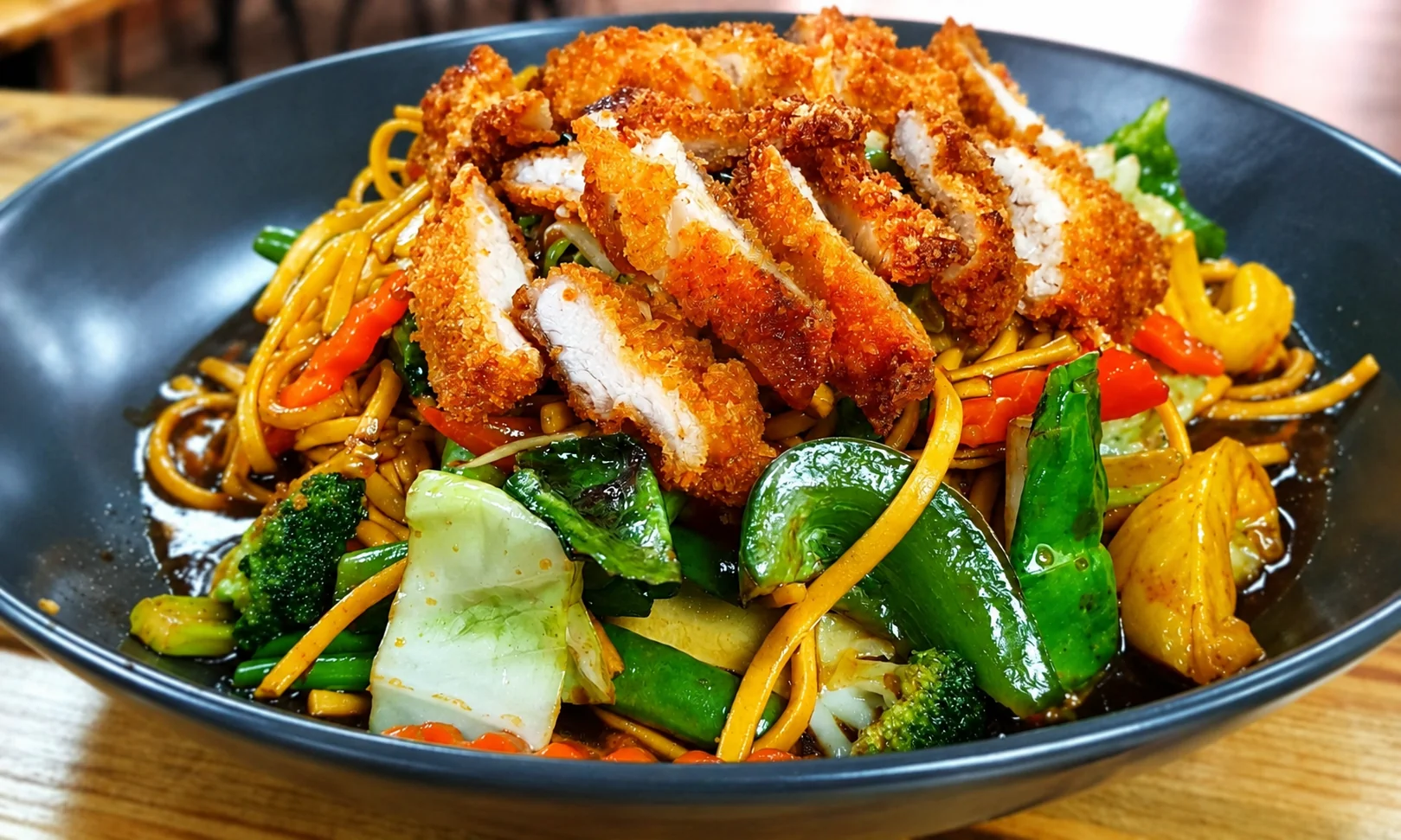 Crispy chicken stir-fry noodles at Tawan Chay