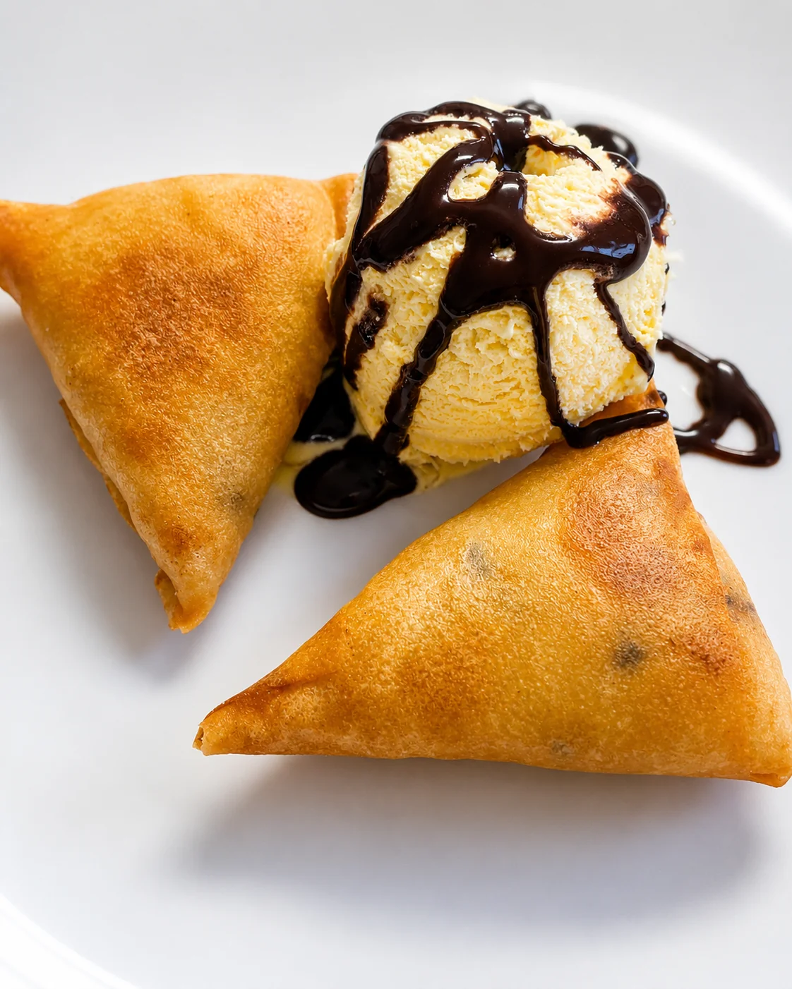 Thai dessert — fried pastry with ice cream and chocolate sauce